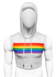 Rainbow Chest Stripes Hooded Crop Tank - WHITE