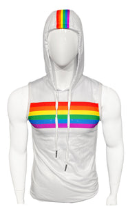 Rainbow Chest Stripe Sports Mesh Hooded Tank - White