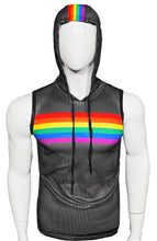 Load image into Gallery viewer, Rainbow Chest Stripe Sports Mesh Hooded Tank- Black
