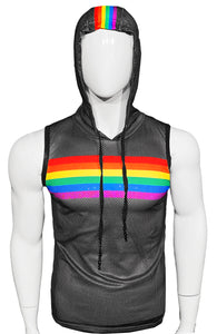 Rainbow Chest Stripe Sports Mesh Hooded Tank- Black