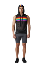 Load image into Gallery viewer, Model wearing a  black sports mesh hooded tank top with a rainbow stripe across the upper chest and another stripe in the middle of the hood. There is no background and model is wearing the hood
