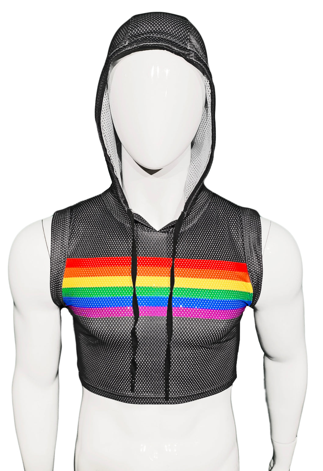 Rainbow Chest Stripe Hooded Sports Mesh Crop Tank - Black