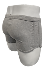 Load image into Gallery viewer, Gray heather men's trunks shown from a rear three-quarter view on a white mannequin
