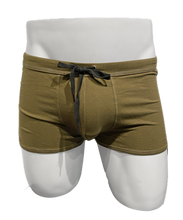 Load image into Gallery viewer, Olive green men's boxer briefs with a black drawstring, displayed on a white mannequin
