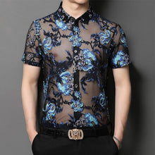 Load image into Gallery viewer, Floral Embroidered Mesh Button UP Short Sleeve- Black Blue
