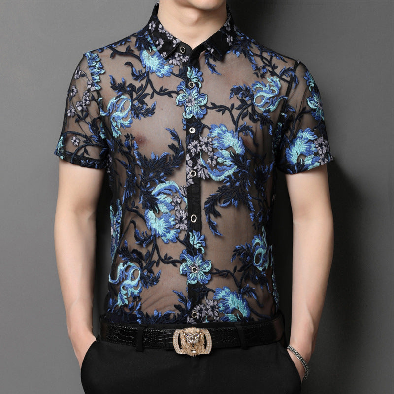 Floral Embroidered Mesh Button UP Short Sleeve- Black Blue
