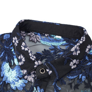 Floral Embroidered Mesh Button UP Short Sleeve- Black Blue