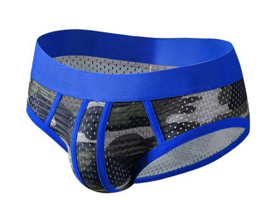 Men's brief underwear with blue waistband and camouflage pattern