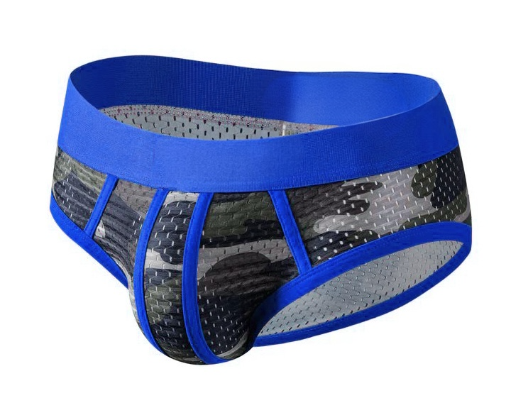 Men's brief underwear with blue waistband and camouflage pattern