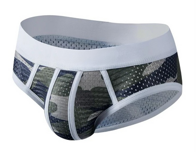Men's brief underwear with white waistband and camouflage pattern