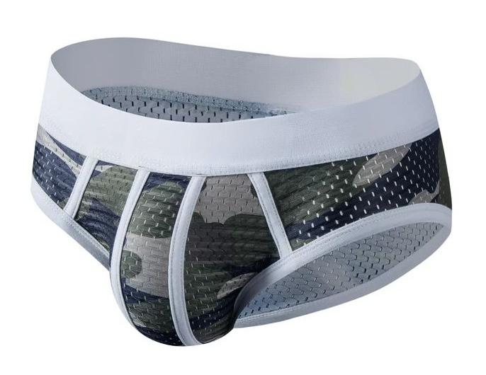 Men's brief underwear with white waistband and camouflage pattern