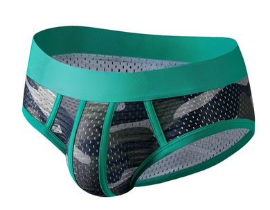 Men's brief underwear with green waistband and camouflage pattern