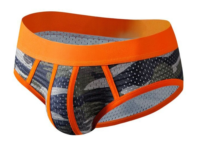 Men's brief underwear with orange waistband and camouflage pattern
