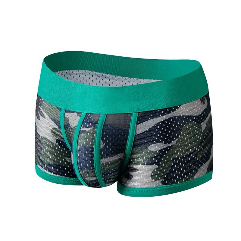 Men's trunk underwear with green waistband and camouflage pattern