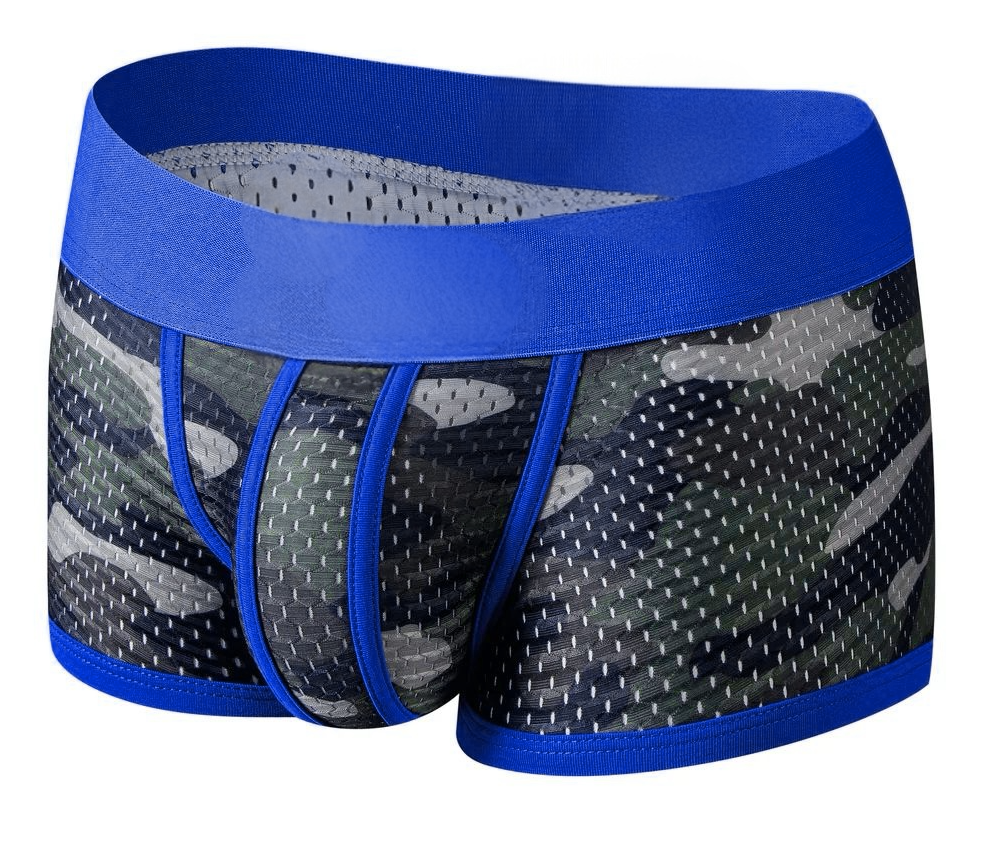 Men's trunk underwear with blue waistband and camouflage pattern