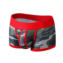 Load image into Gallery viewer, Men&#39;s trunk underwear with red waistband and camouflage pattern
