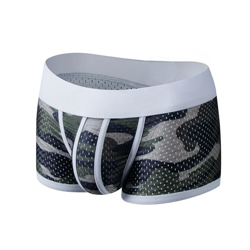 Men's trunk underwear with white waistband and camouflage pattern
