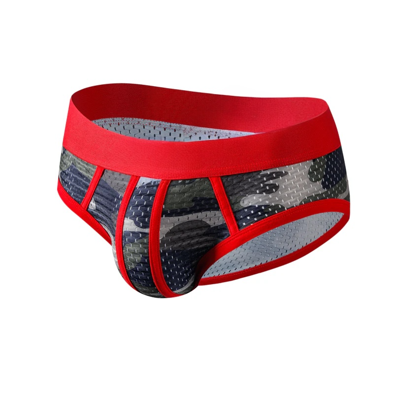 Men's brief underwear with red waistband and camouflage pattern