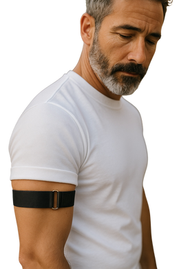Man wearing a white t-shirt wearing a black arm band 