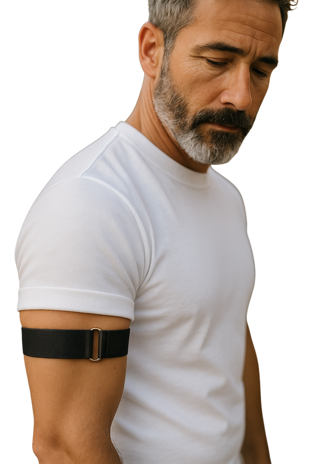 Man wearing a white t-shirt wearing a black arm band 