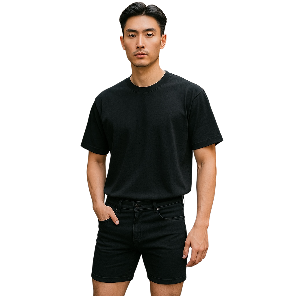 Man wearing a black t-shirt and black jean shorts 