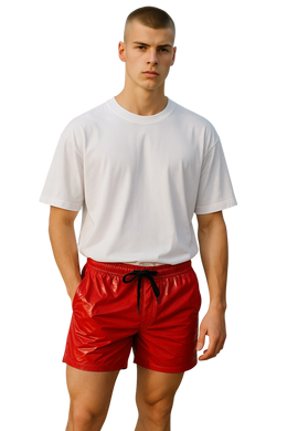 Man wearing a white t-shirt and bright red shorts on a white background