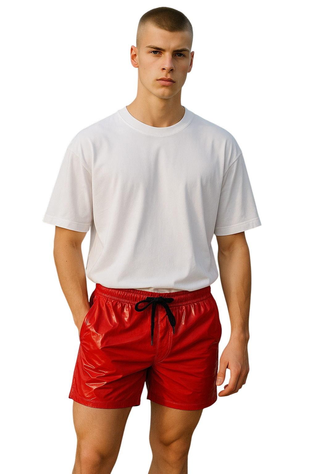 Man wearing a white t-shirt and bright red shorts on a white background