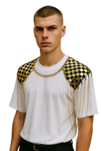Load image into Gallery viewer, Man wearing a white t-shirt with gold checkered shoulder designs on a white background
