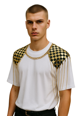 Man wearing a white t-shirt with gold checkered shoulder designs on a white background