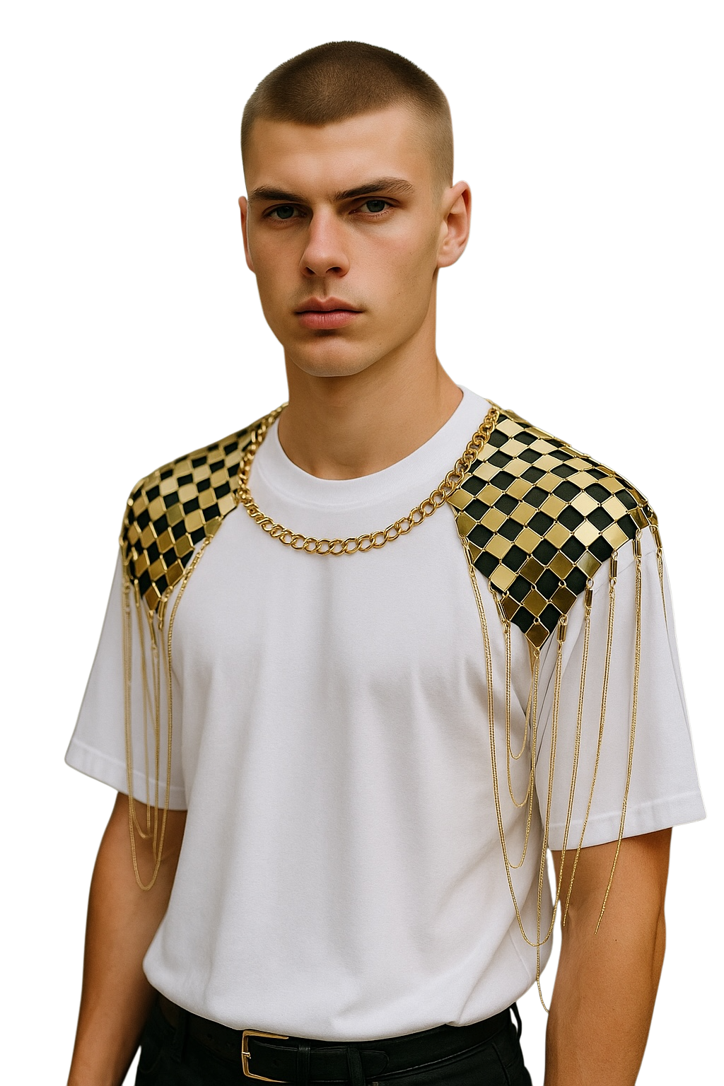 Man wearing a white t-shirt with gold checkered shoulder designs on a white background