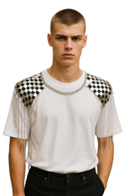 Load image into Gallery viewer, Man wearing a white t-shirt with a silver chain necklace attached to checkered shoulder decoration with fringe details

