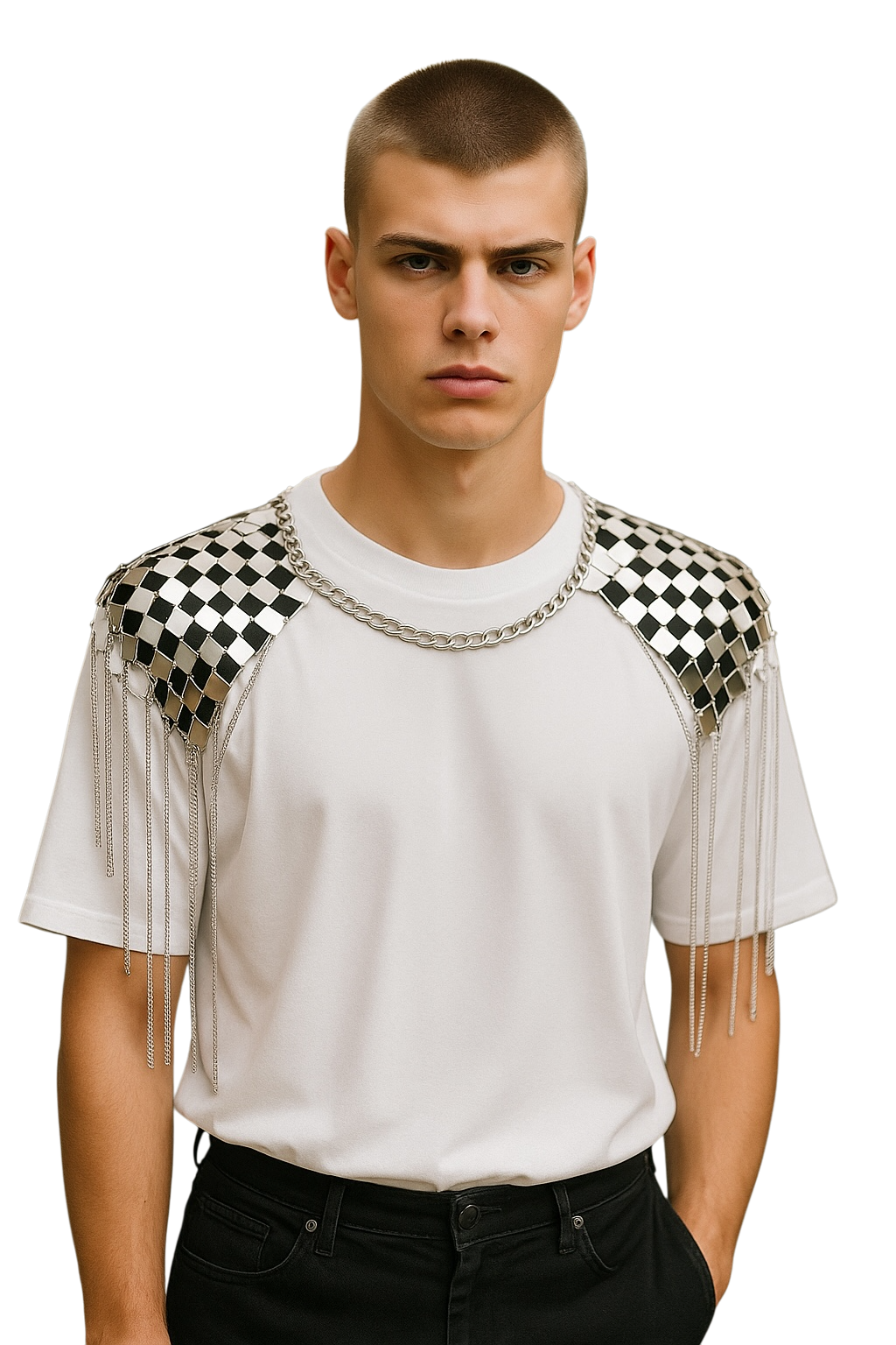 Man wearing a white t-shirt with a silver chain necklace attached to checkered shoulder decoration with fringe details