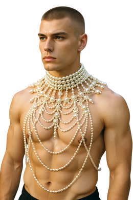 Muscular man wearing an elaborate necklace of pearls