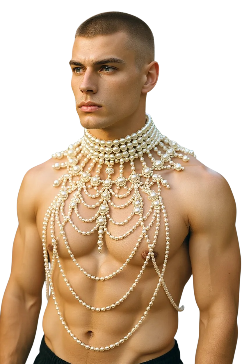 Muscular man wearing an elaborate necklace of pearls