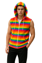 Load image into Gallery viewer, Person wearing a colorful, fuzzy rainbow striped sleeveless hoodie with the hood on
