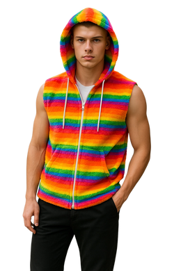 Person wearing a colorful, fuzzy rainbow striped sleeveless hoodie with the hood on
