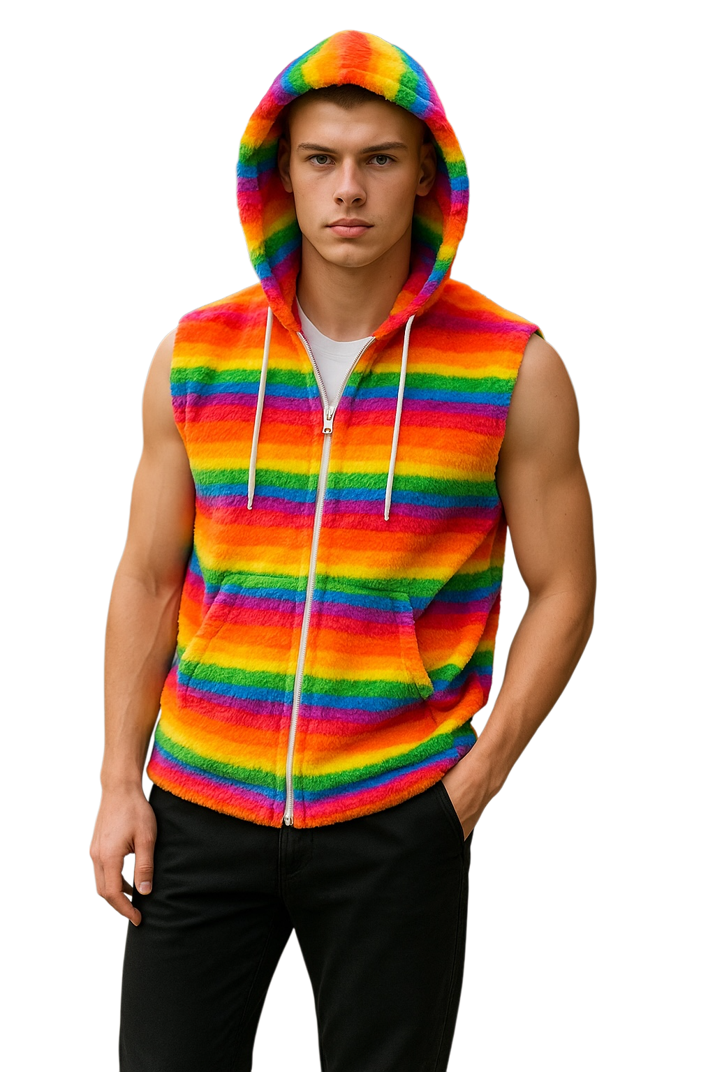 Person wearing a colorful, fuzzy rainbow striped sleeveless hoodie with the hood on