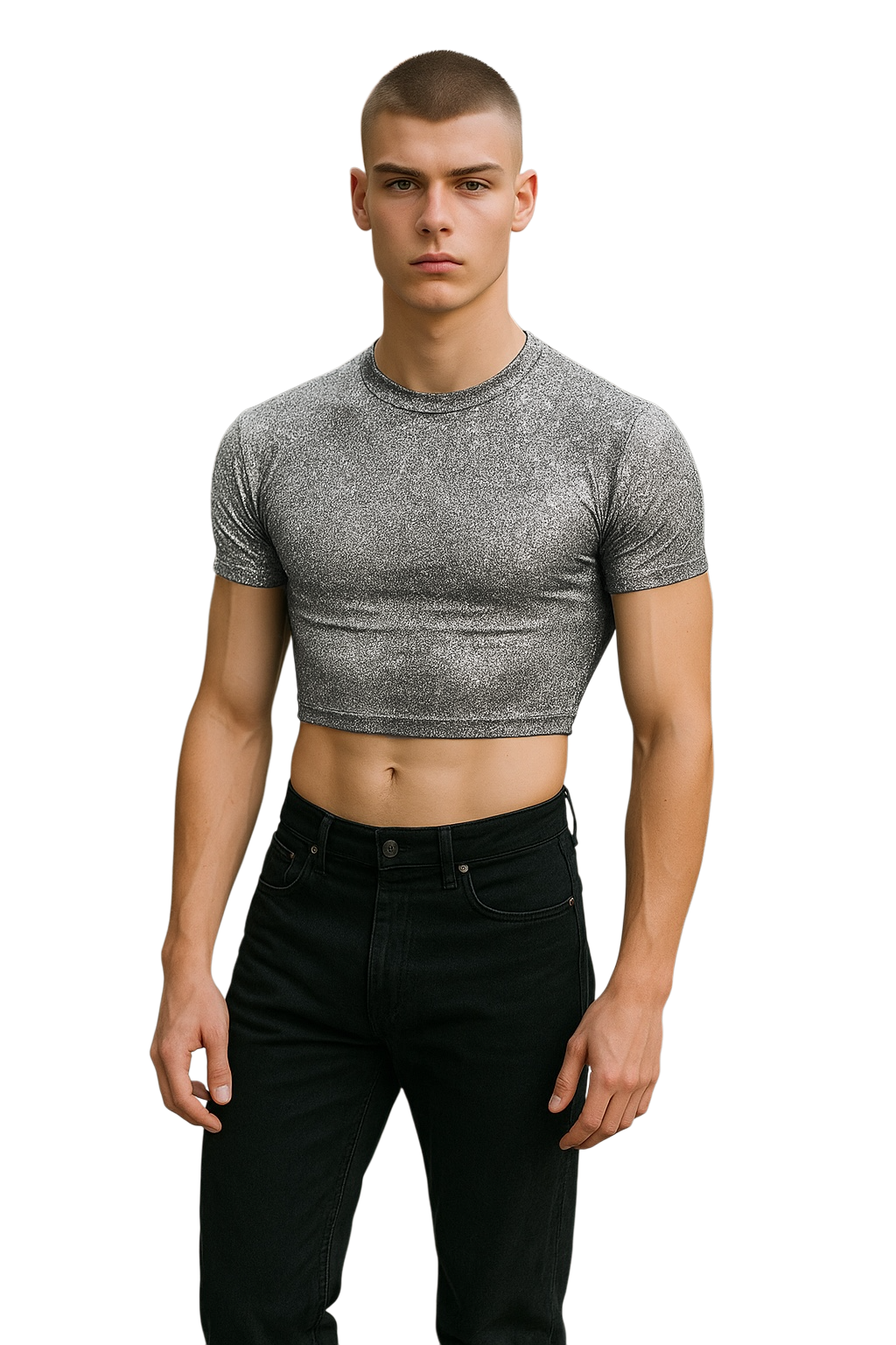 Man wearing a silver glitter crop top and black pants 