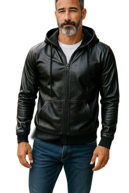 Man wearing a black zip-up faux leather hoodie with black zipper and hood strings