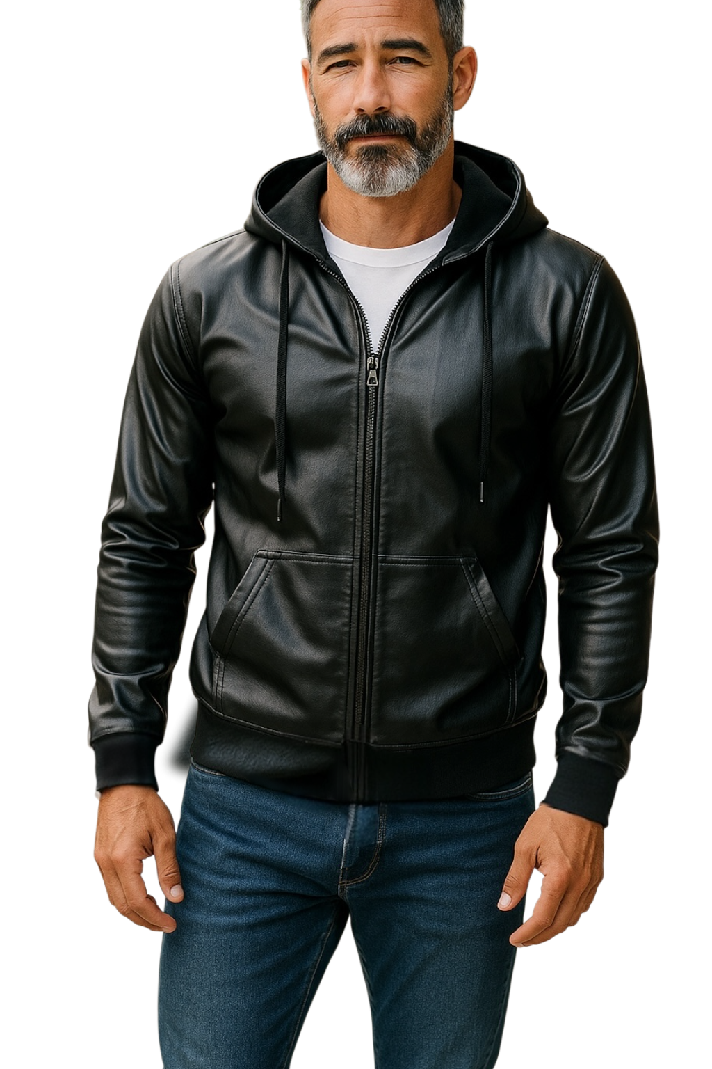 Man wearing a black zip-up faux leather hoodie with black zipper and hood strings