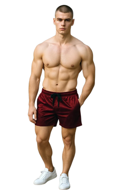 Man wearing maroon velvet shorts with pockets and a drawstring