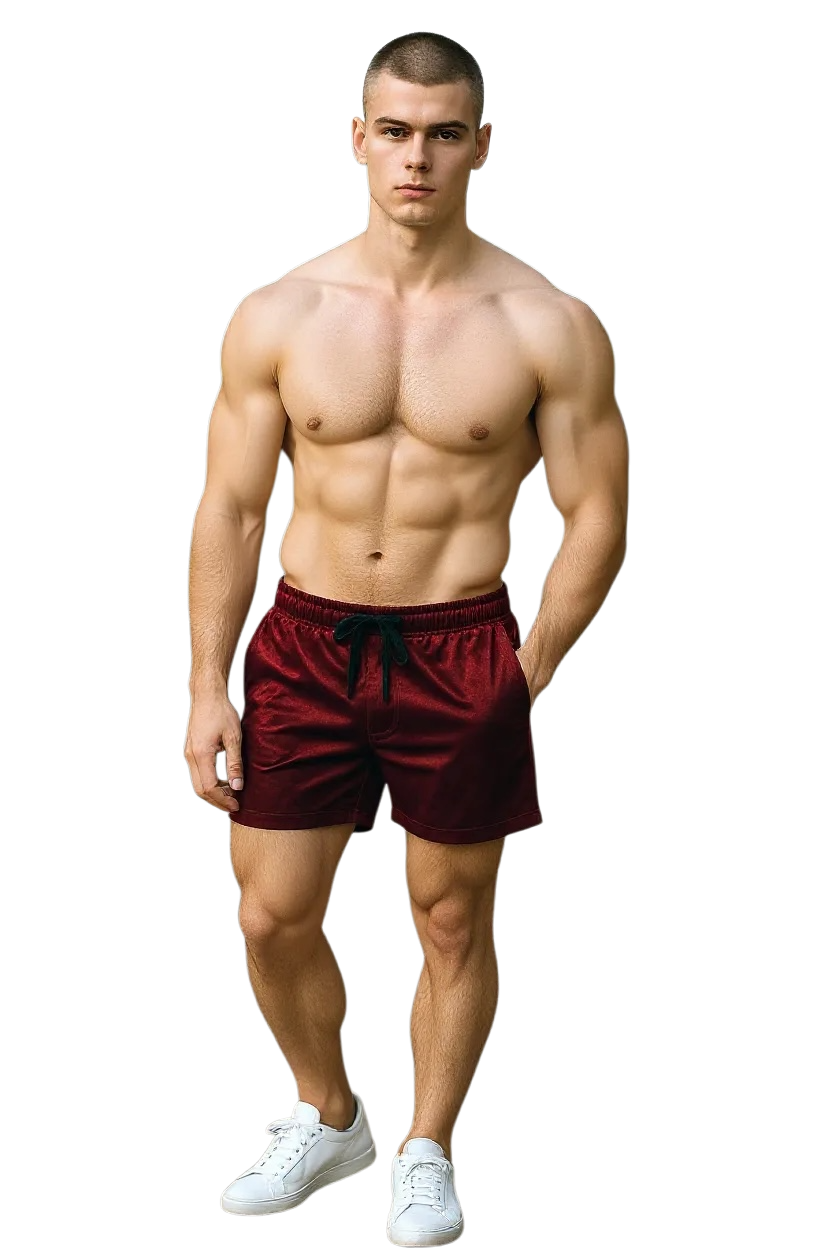 Man wearing maroon velvet shorts with pockets and a drawstring