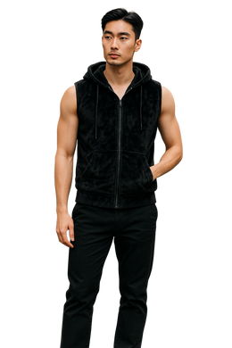 Man wearing a fuzzy black sleeveless hoodie 