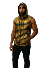 Load image into Gallery viewer, Man wearing a sleeveless gold and black striped hoodie. Hoodie is gold with black stripes
