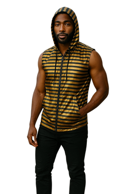 Man wearing a sleeveless gold and black striped hoodie. Hoodie is gold with black stripes