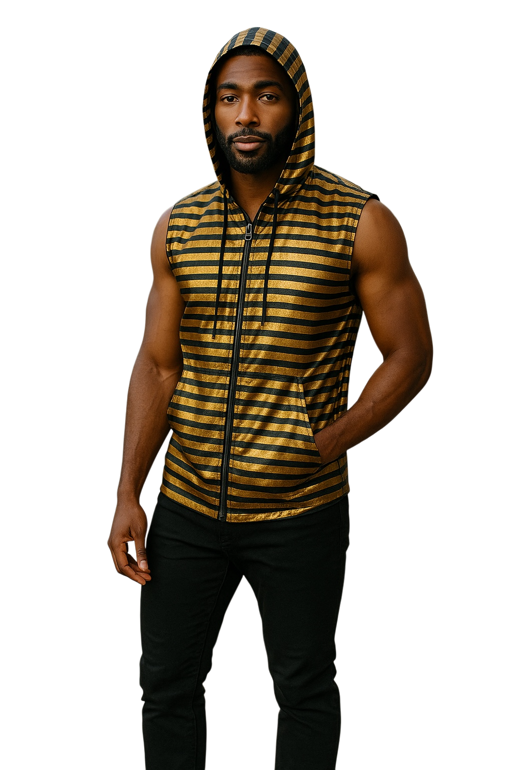 Man wearing a sleeveless gold and black striped hoodie. Hoodie is gold with black stripes