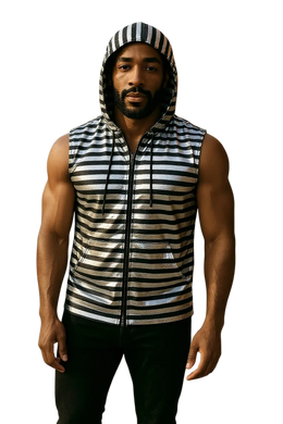 Man wearing a sleeveless striped zip up hoodie. Hoodie is Silver with black stripes