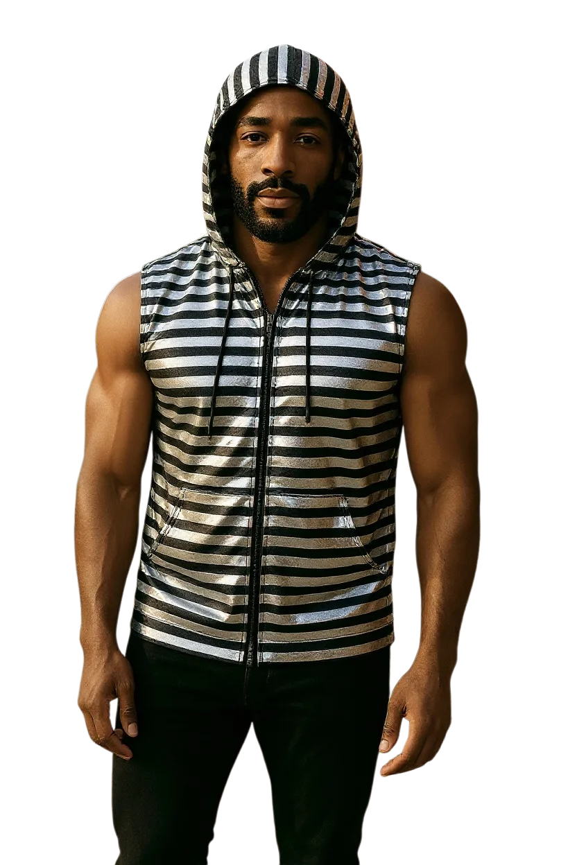 Man wearing a sleeveless striped zip up hoodie. Hoodie is Silver with black stripes