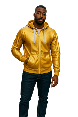 Man wearing a gold zip-up faux leather hoodie with white zipper and hood strings. 