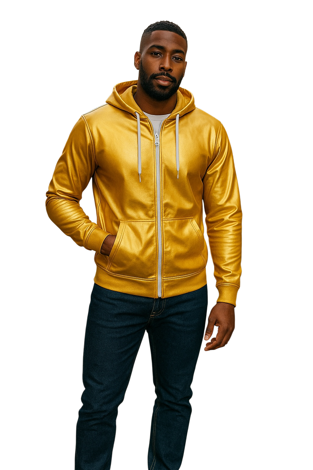Man wearing a gold zip-up faux leather hoodie with white zipper and hood strings. 